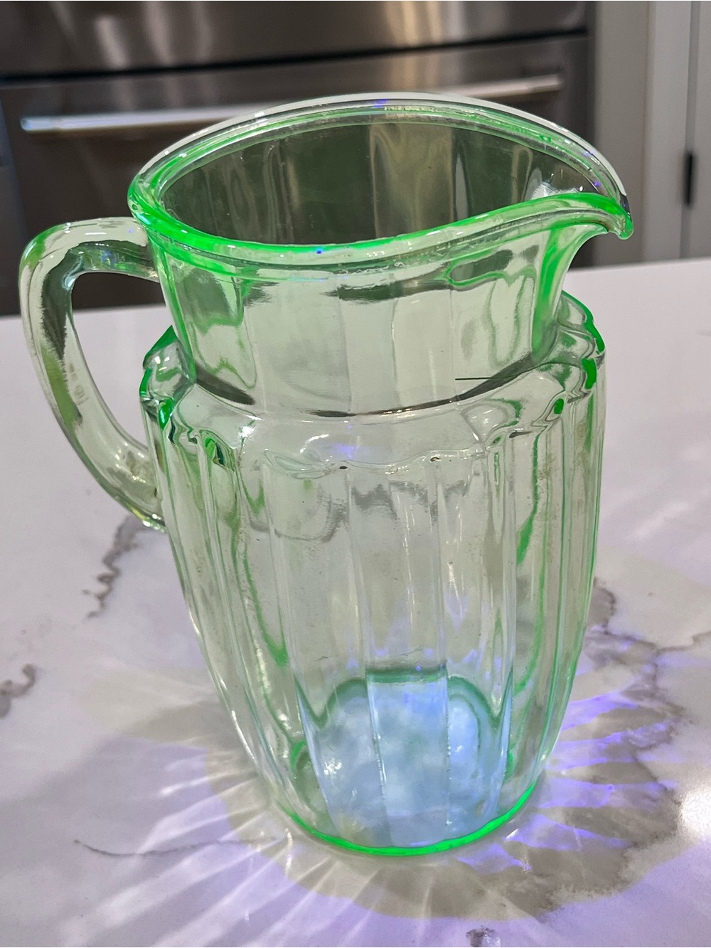 Vintage 1930’s Anchor Hocking Uranium Ribbed Glass Pitcher “It Glows”